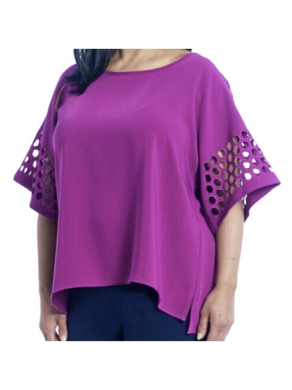 Ali Miles Dye Cut Tunic Top Size 1X Women Purple Keyhole Career Boho Hi Low